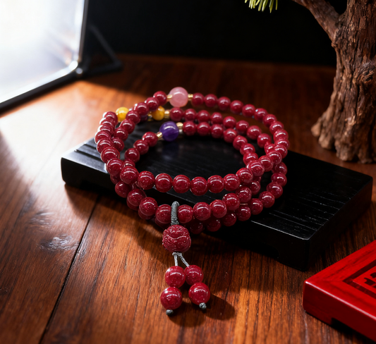 「乡野丫头」三重守护 锁定正缘 | 全透6MM草莓晶莲花朱砂手串