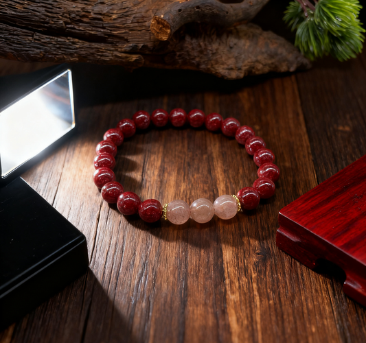 「乡野丫头」爱神加持 粉金桃花链 | 全透8MM草莓晶朱砂手串