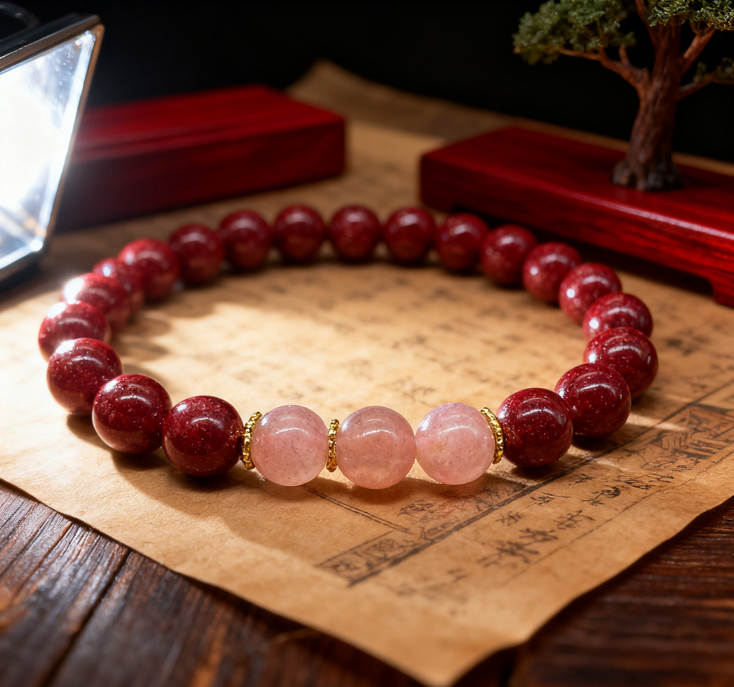 「乡野丫头」爱神加持 粉金桃花链 | 全透8MM草莓晶朱砂手串