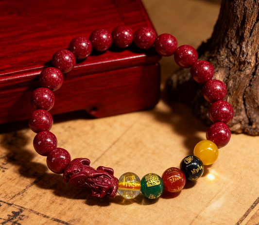 「鄉野丫頭」發財暴富貔貅五福臨門朱砂手串 | 8MM全透晶體砂