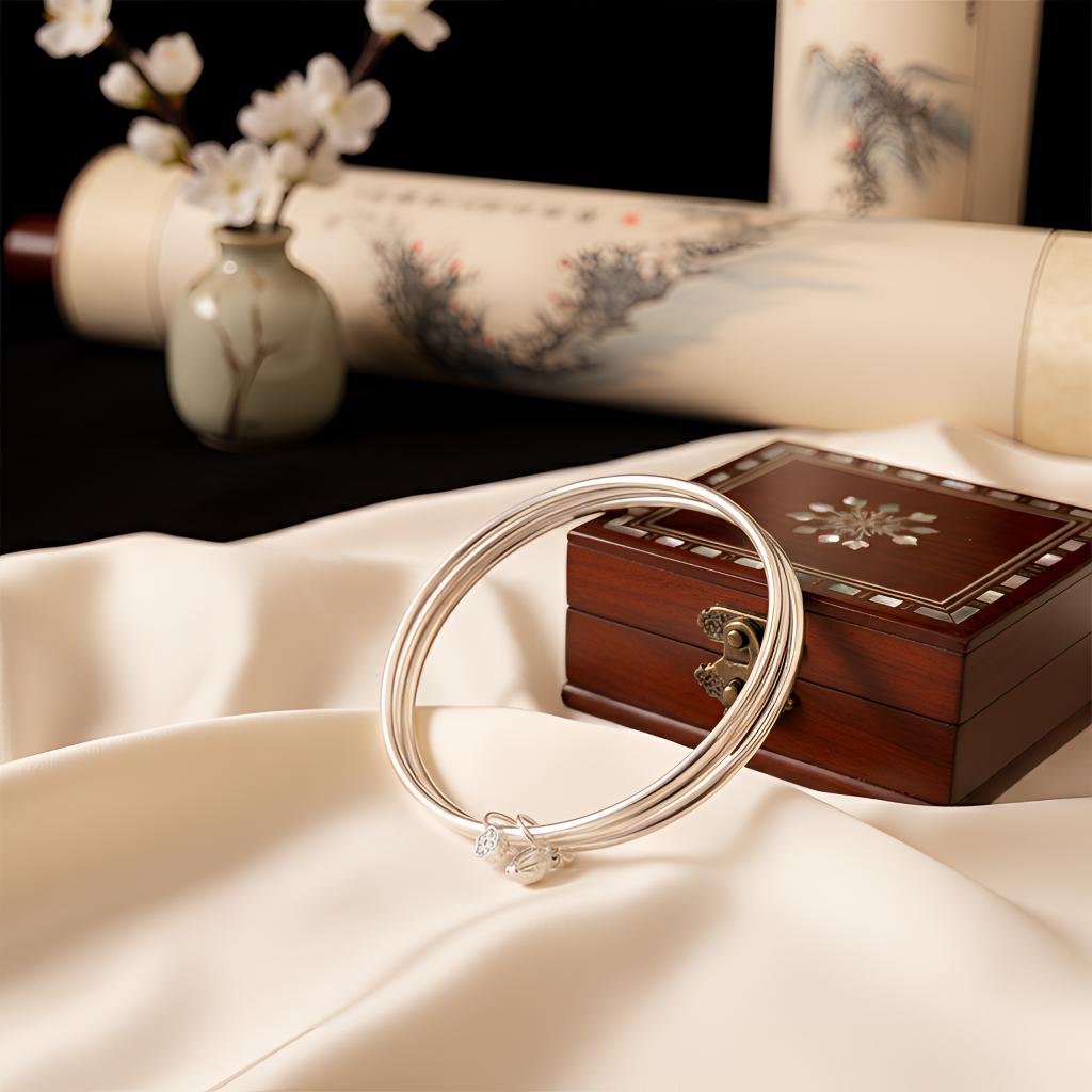 三生三世3圈細手鐲 999純銀手工手鐲 帶銀蓮蓬吊墜