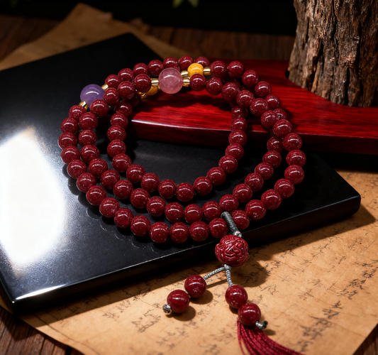 「乡野丫头」三重守护 锁定正缘 | 全透6MM草莓晶莲花朱砂手串