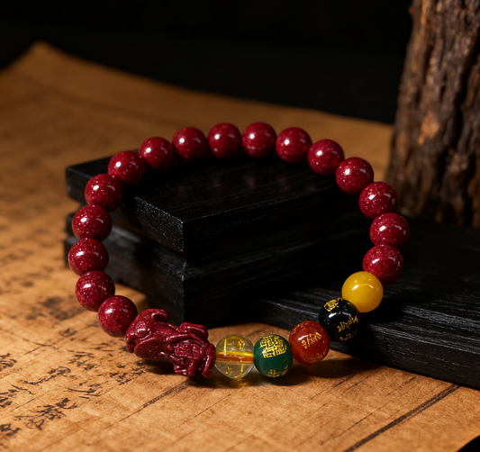 「鄉野丫頭」發財暴富貔貅五福臨門朱砂手串 | 8MM全透晶體砂