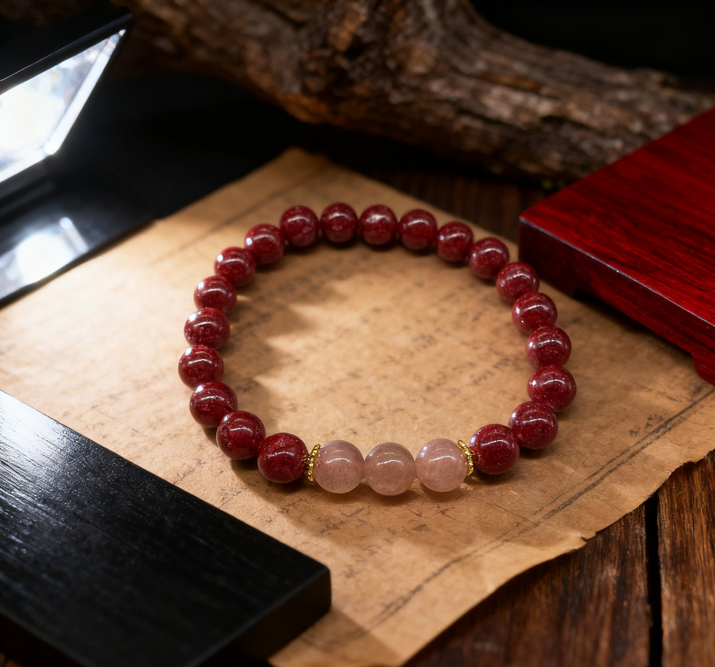 「乡野丫头」爱神加持 粉金桃花链 | 全透8MM草莓晶朱砂手串