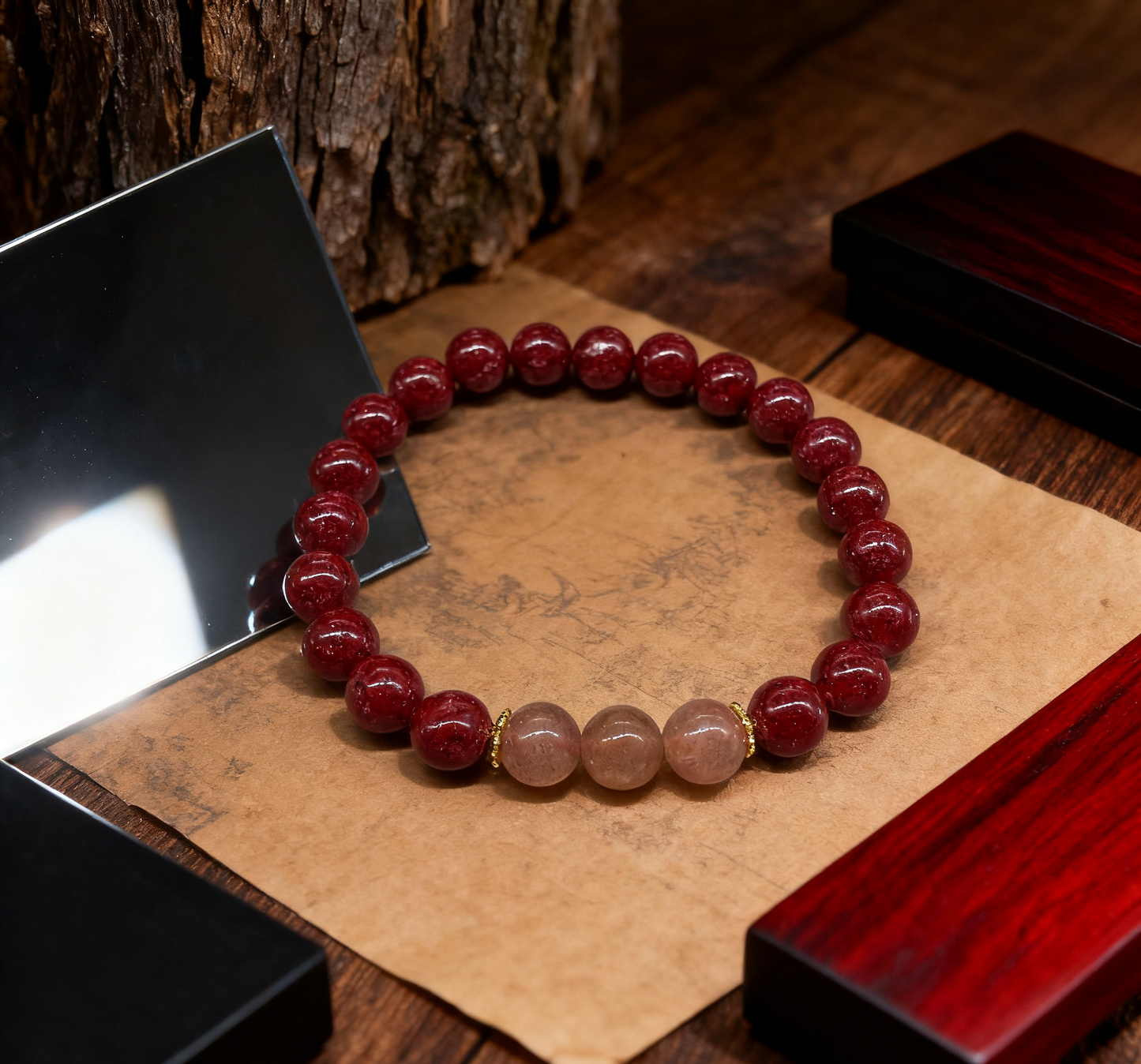 「乡野丫头」爱神加持 粉金桃花链 | 全透8MM草莓晶朱砂手串